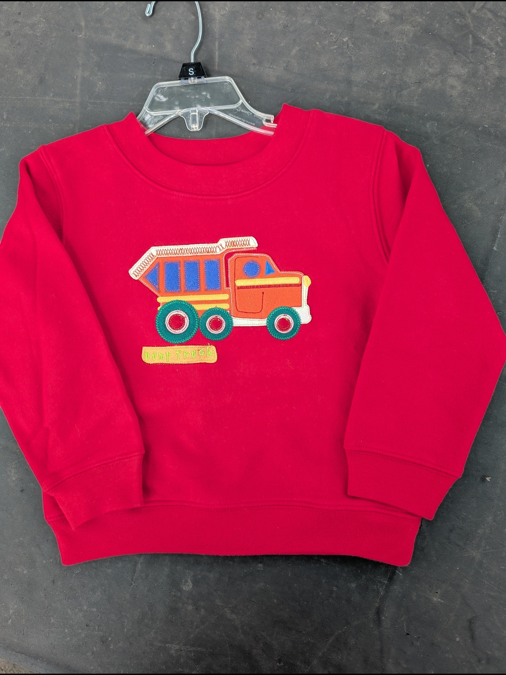 Red Kids Sweatshirt with Colorful Dump Truck Applique